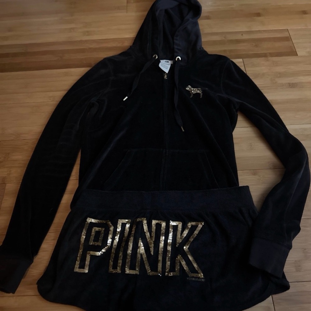 Victoria's Secret PINK Black Velour Athletic Shorts with Gold Logo